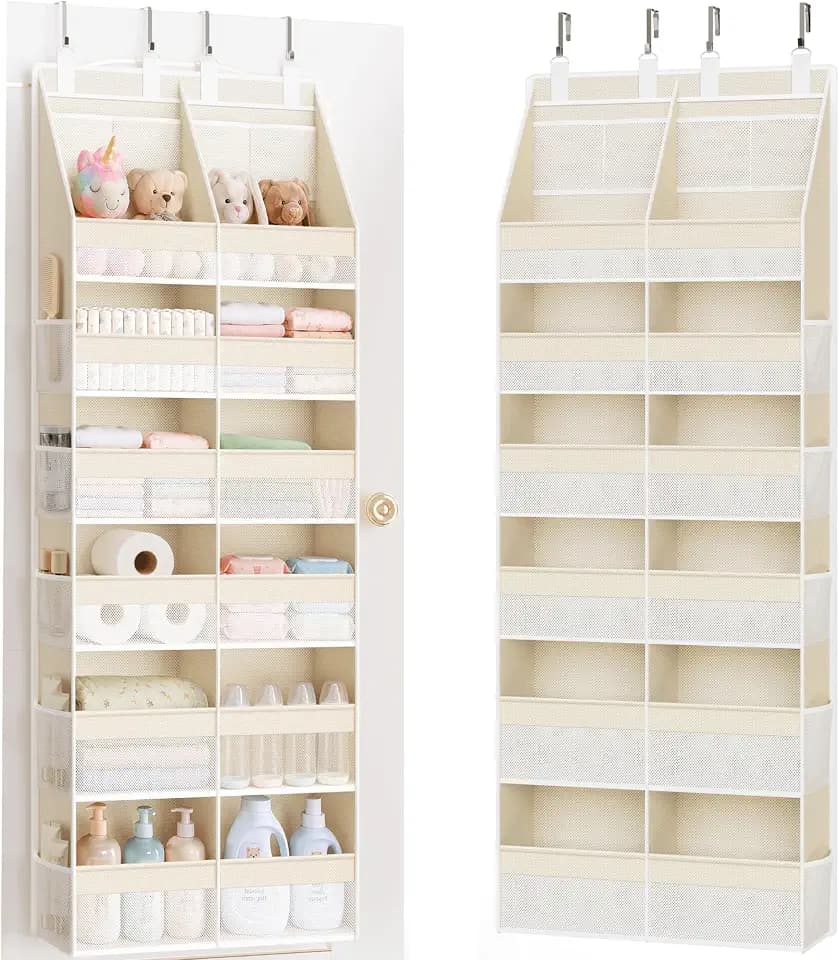Criusia Over the Door Organizer, Extra Large 12 Compartments Closet Hanging Storage with 14 Mesh Pockets, 85lbs Capacity Behind the Door Storage for Baby Nursery, Bathroom, Bedroom, and Dorm, Beige