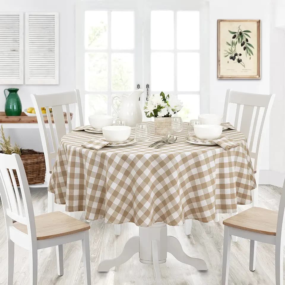 Home Bargains Plus Country Rustic Buffalo Plaid Cotton Tablecloth, 70 Inch Round, Sand, Checkered Cottage Gingham Easy Care Dining Table Cover