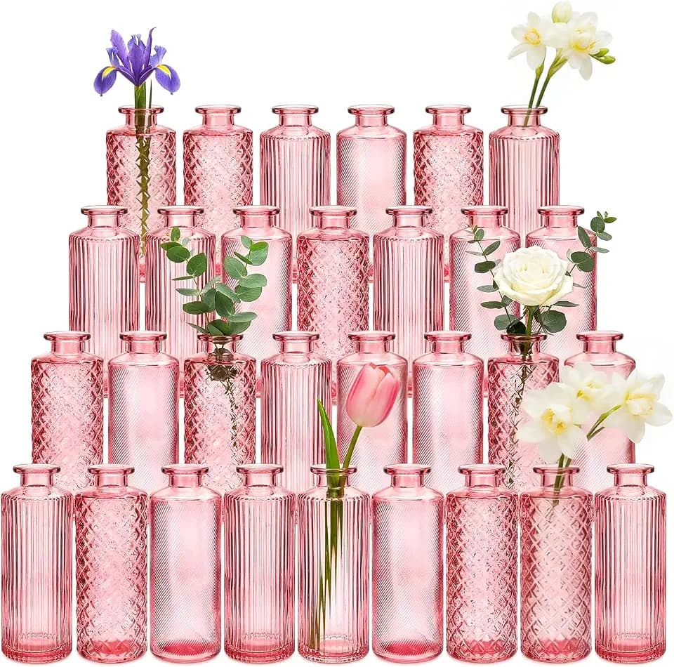 Glass Bud Vases 30 Pack, Small Pink Flower Vases for Centerpieces in Bulk