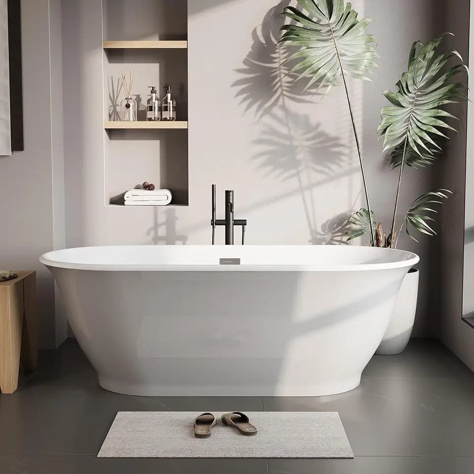 GarveeHome 67" Freestanding Bathtub, Acrylic Soaking Tub with Overflow, Matte Silver Drain, Modern Stand Alone Tub, Deep Free Standing Bath Tub for Bathroom, Hotel, Easy Install, CUPC Certified, White