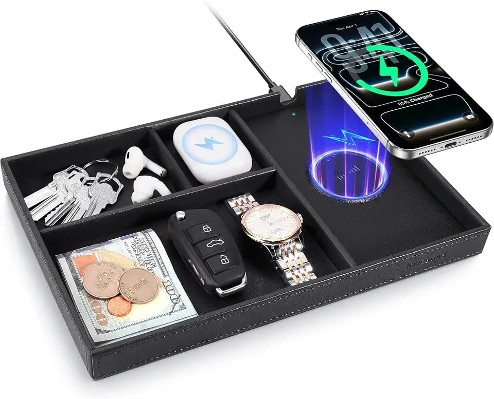Valet Tray, Built-in Wireless Chargers, PU Leather Nightstand Organizer