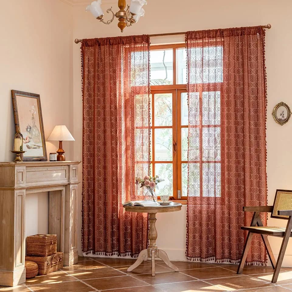 YJ YANJUN Boho Lace Sheer Curtains, Burnt Orange Terracotta, 59x108 inches