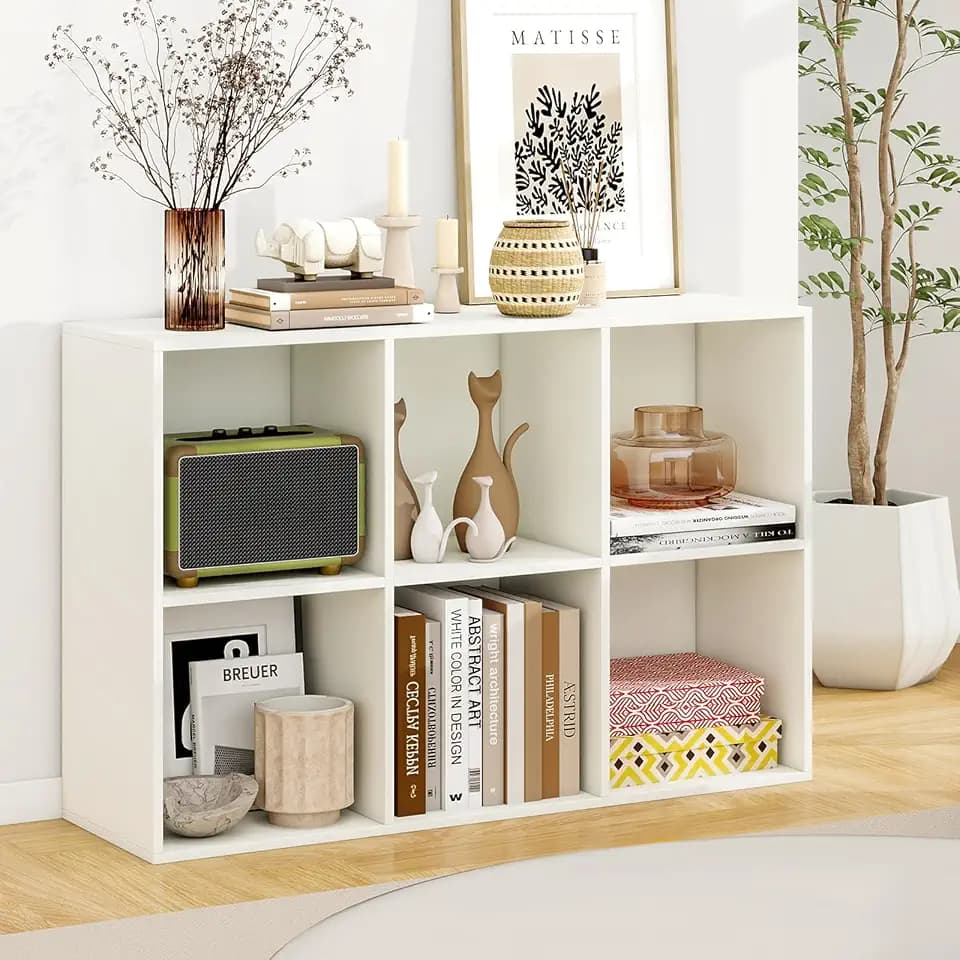 6 Cube Bookcase, 2-Tier White Bookshelf with Anti-Tipping Kits, Wooden Horizontal & Vertical Book Display Shelf, Low Bookshelf Under Window, Cube Storage Organizer for Classroom Home Office