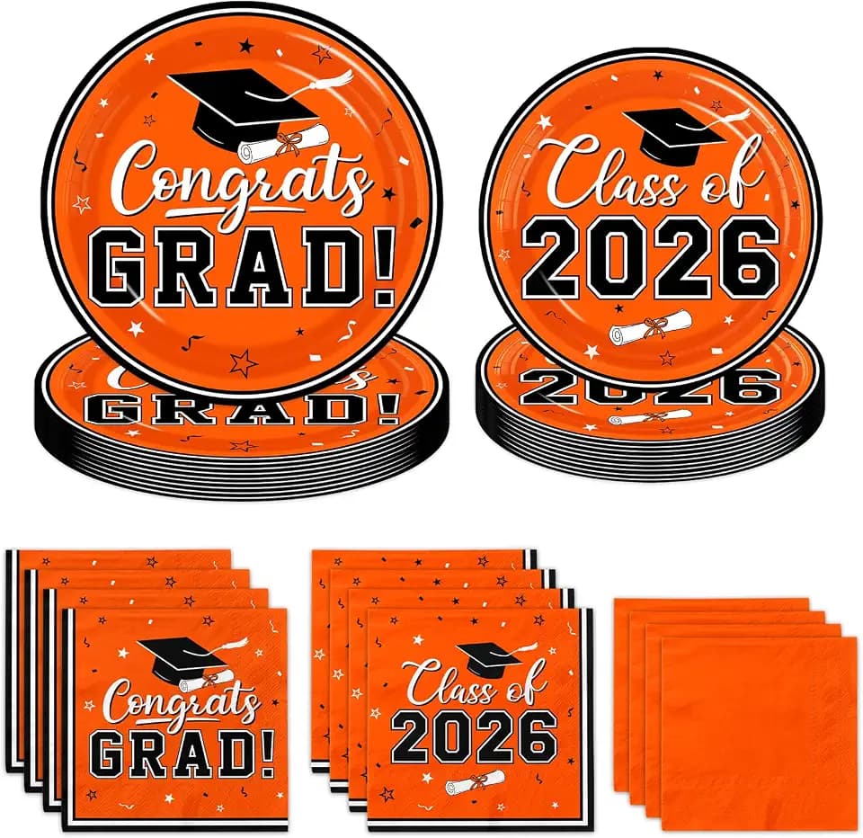 Graduation Party Plates and Napkins,2026 Graduation Party Supplies Congrats Grad Class of 2026 Theme Tableware for College High School Congrats favors Serve 50(Orange)
