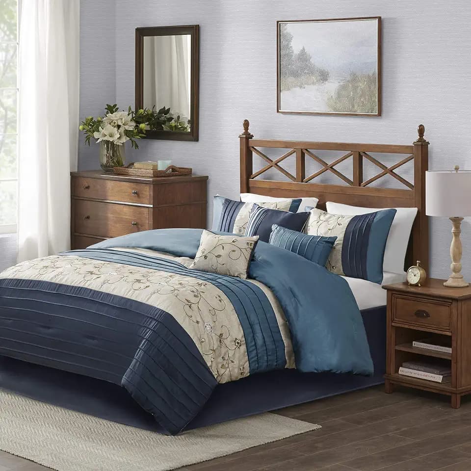 Madison Park Solid Faux Silk Embroidered Pleated Comforter Set, 7PC King