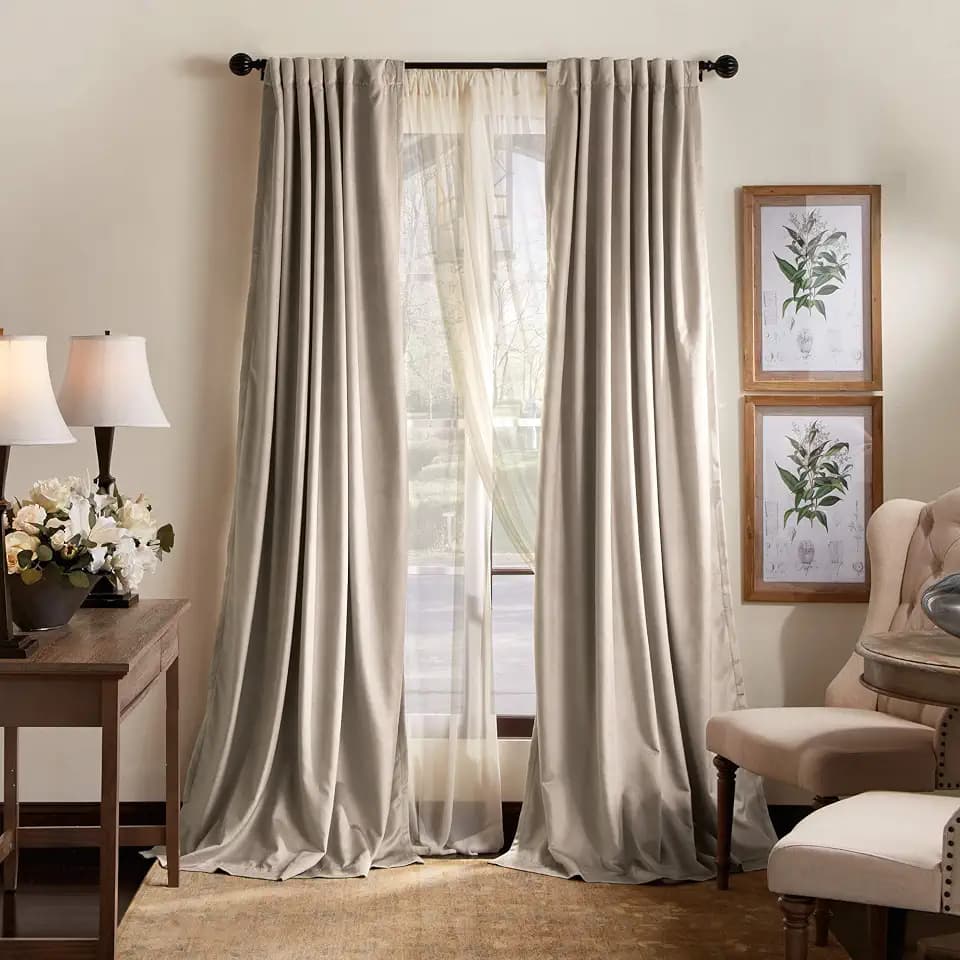 Martha Stewart Lucca Velvet Blackout Back Tab Window Curtain Panel Pair, 95", Linen Beige