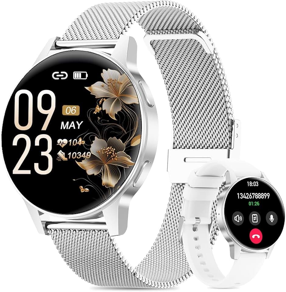 SLOKSFil Smartwatch Damen, 1,27" HD Touch Display Rund, Schrittzähler mit Telefonfunktion, 24H Pulsuhr Schlafmonitor, 100+ Sportmodi Fitness Tracker für Android & iPhone (Silber)