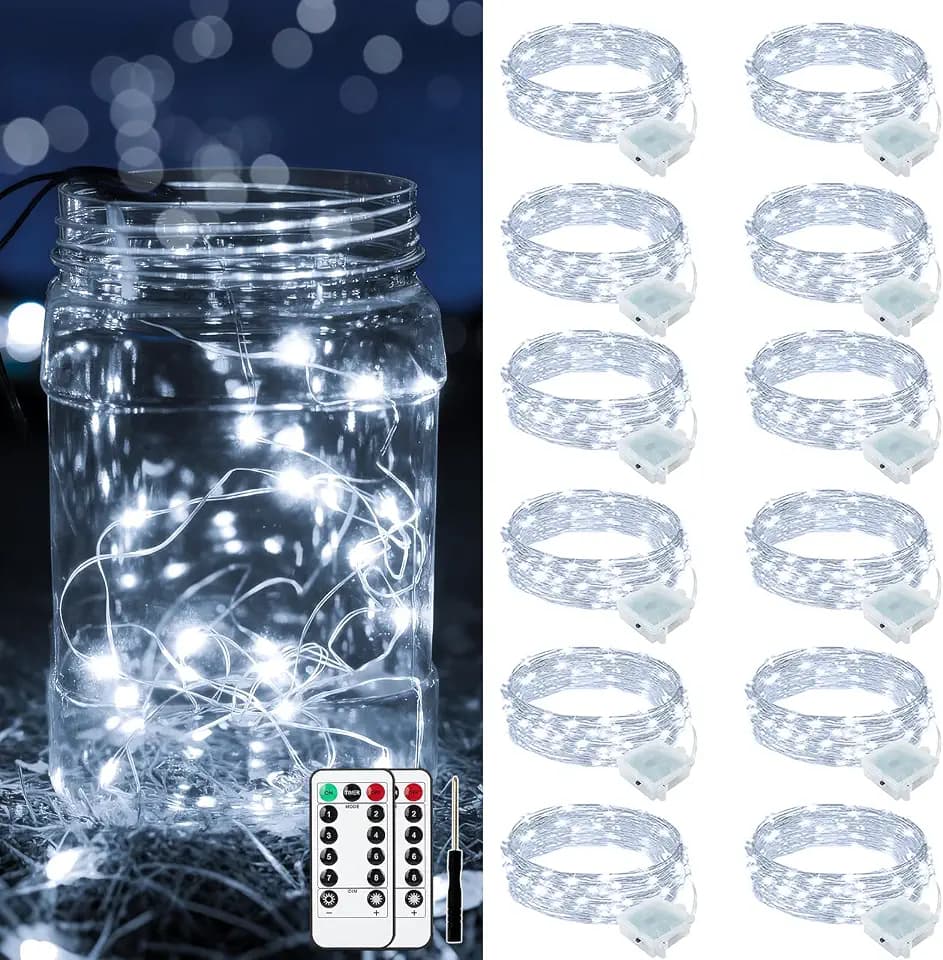 12 Pack Battery Powered Fairy Lights with Remote Control and Timer 8 Lighting Modes, 7ft 20LED Mini Lights for Mason Jars Christmas Trees Party and Weddings Indoor/Outdoor (12, White)