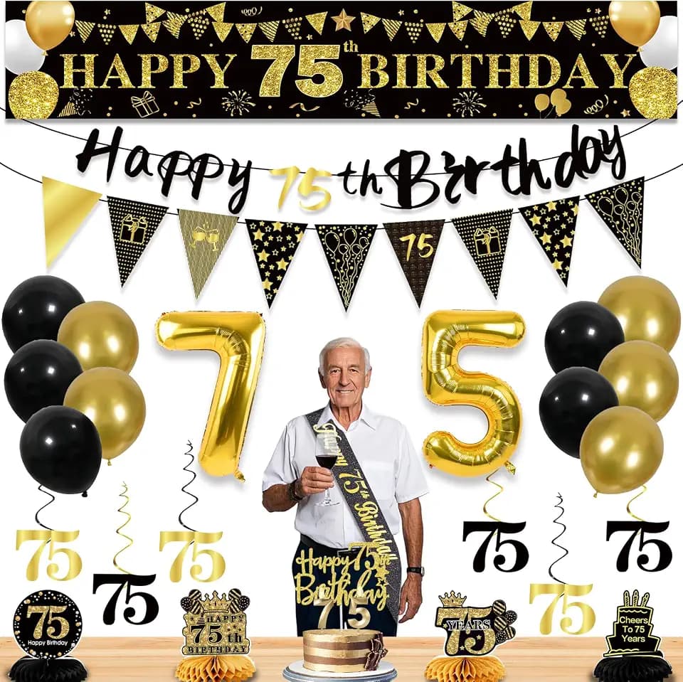 75th Birthday Decorations for Men, Black Gold 75th Party Decoration Kits