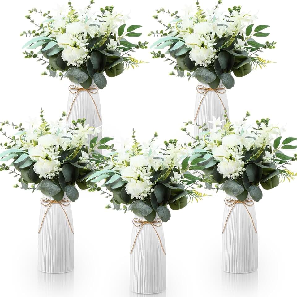 5 Pcs Faux Flowers with Vase, Artificial Eucalyptus Centerpieces for Tables, Fake Silk Flowers Aarrangements for Home Office Bathroom Farmhouse Dining Table Centerpiece Decorations Coffee Table Decor