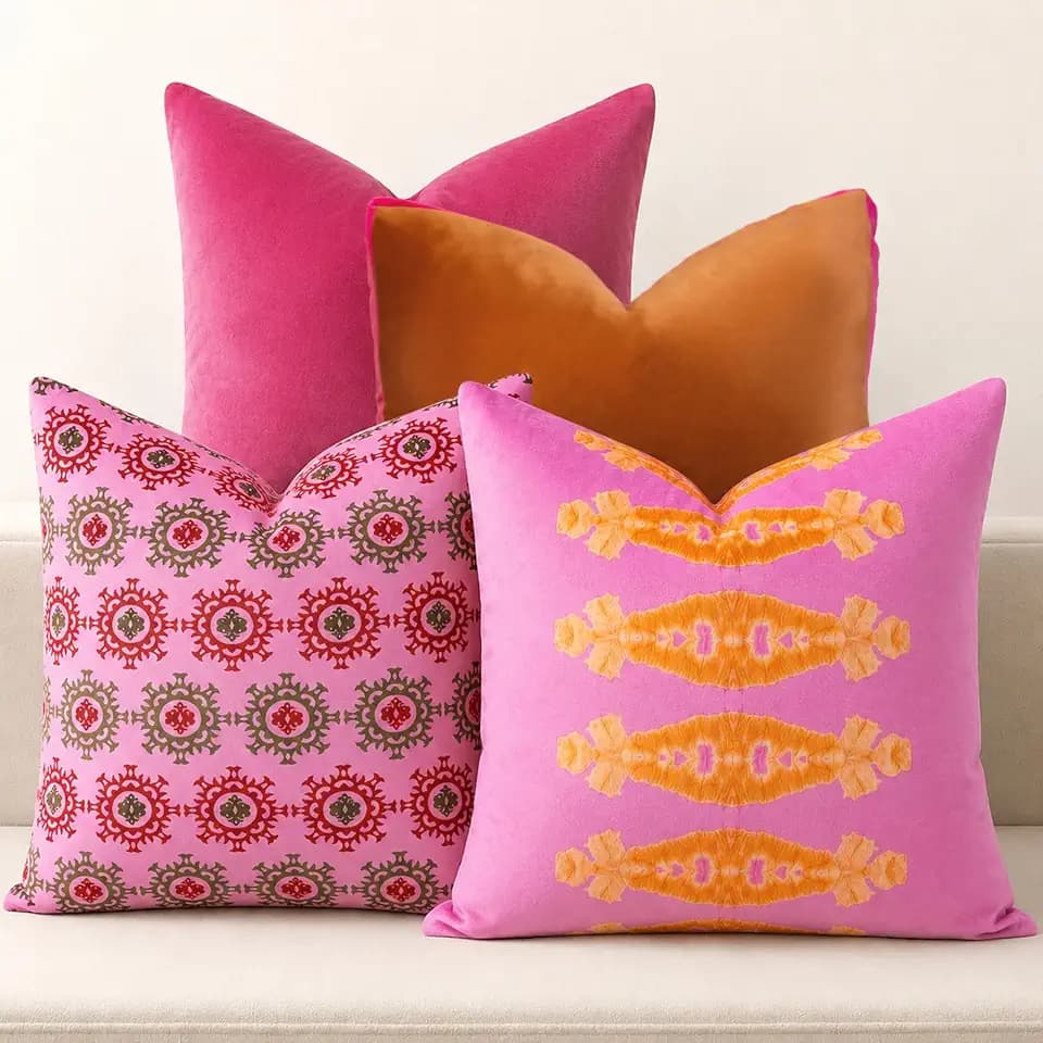 Pink Patterned Decorative Throw Pillow Covers, Set of 4, 18x18 Inch Bold Boho Accent Pillow Cover 4 Pack