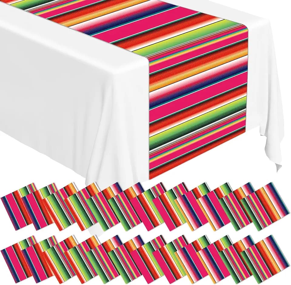 Lonfliness 12 Pack Plastic Mexican Table Runner Disposable Dia De Los Muertos Mexican Serape Runner 14 x 84Inch Colorful Striped Day of The Dead Table Cover for Fiesta Party Taco Party Decor Supplies
