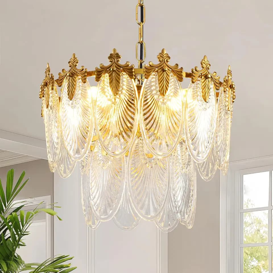 Antique Chandeliers 2-Layer Gold Crystal Glass Chandelier, 4-Light Round Pendant Light 17.7" Brushed Brass Adjustable Height, Applicable to Dining Room, Bedroom, Living Room, Foyer, Kitchen Island