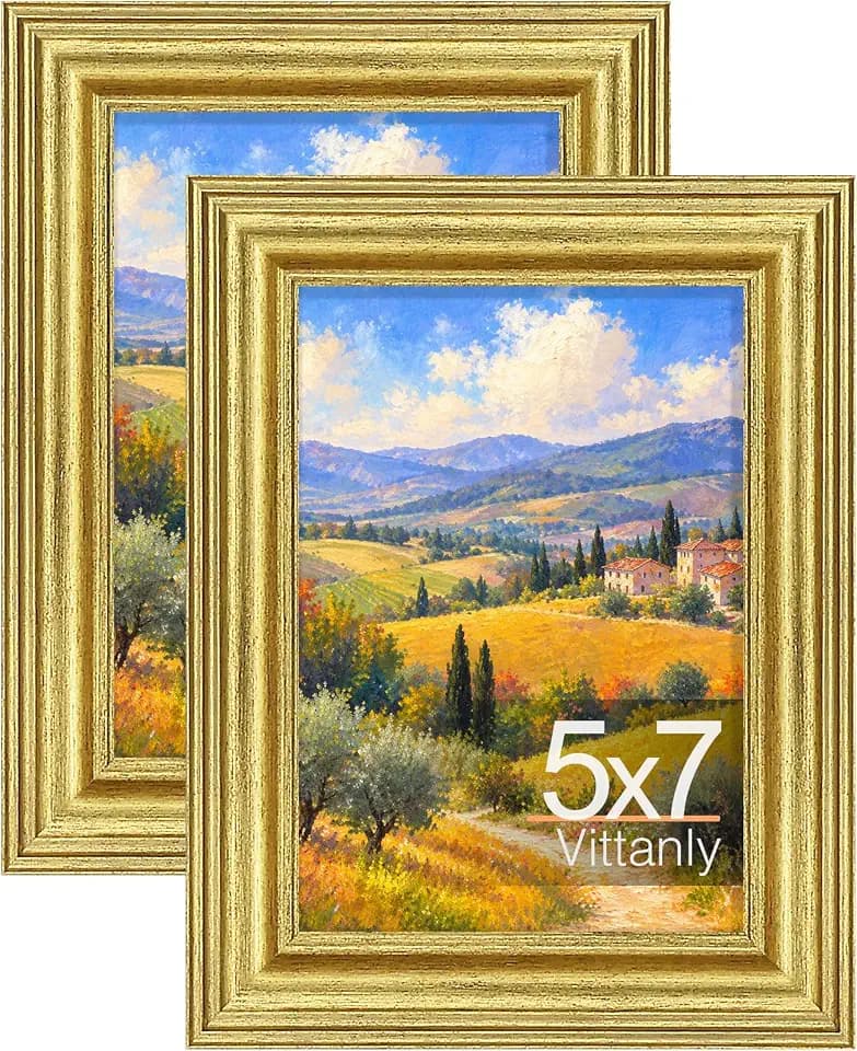 Vittanly 5x7 Picture Frames Set of 2, Vintage Photo Frames, Rustic Gold