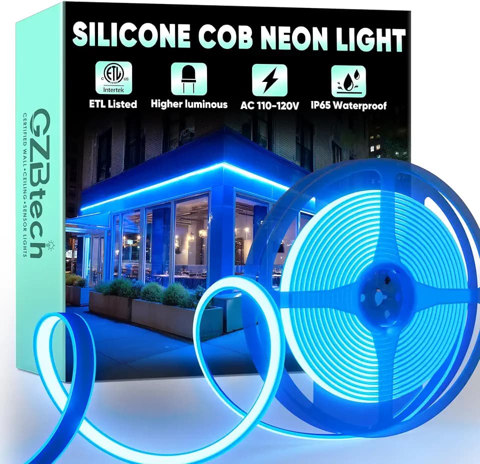GZBtech Silicone COB Neon Rope Lights 16.4FT/5M, Super Bright Blue Waterproof Neon Strip Light, 110-120V Flexible Cuttable Tape Rope Lighting for Indoor Outdoor Home Commercial, ETL Listed
