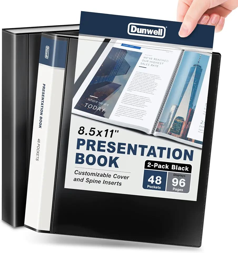 Dunwell Presentation Binder 48-Pocket, Displays 96 Pages, 8.5x11 Portfolio Binder with Plastic Sleeves, Storage and Organizer for Documents, Photos, Kids Artwork, Projects, Recipes (2 Pack, Black)