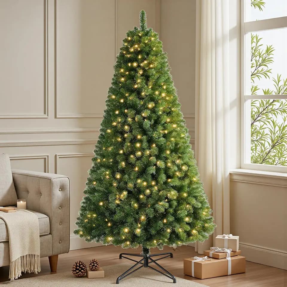 6 FT Pre-lit Christmas Tree, Artificial Spruce Christmas Tree 600 PVC Branch Tips 250 Warm White LED Lights, Easy Assembly with Metal Stand and Hinged Branches Decoration