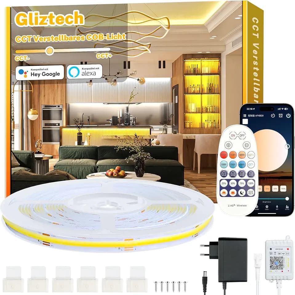 7M Cob Led Streifen Warmweiss Alexa Kompatibel, 3000K bis 6500K Led Strip Warmweiß bis Kaltweiß Dimmer, Ultraheller Led Band, Led Unterbauleuchte mit Fernbedienung und App für Küche, Schlafzimmer