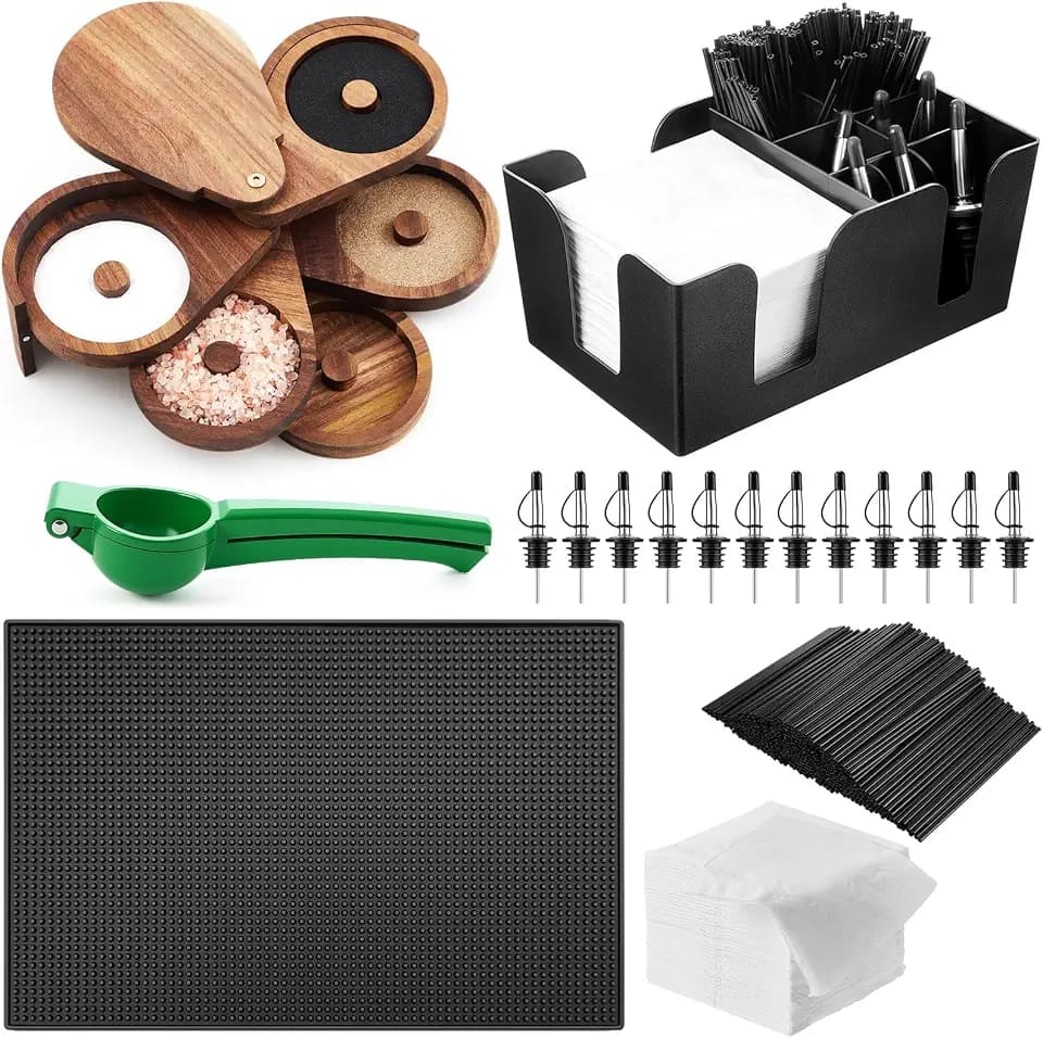 Mifoci Acacia Wood 5 Tier Margarita Salt Rimmer Set with 4 Sponges 12 Bottle Pourers, Bar Caddy, Lemon Squeezer, Bar Mat 1000 Cocktail Stirrers 200 Napkins for Home Bar Party Bartender Gifts Supplies