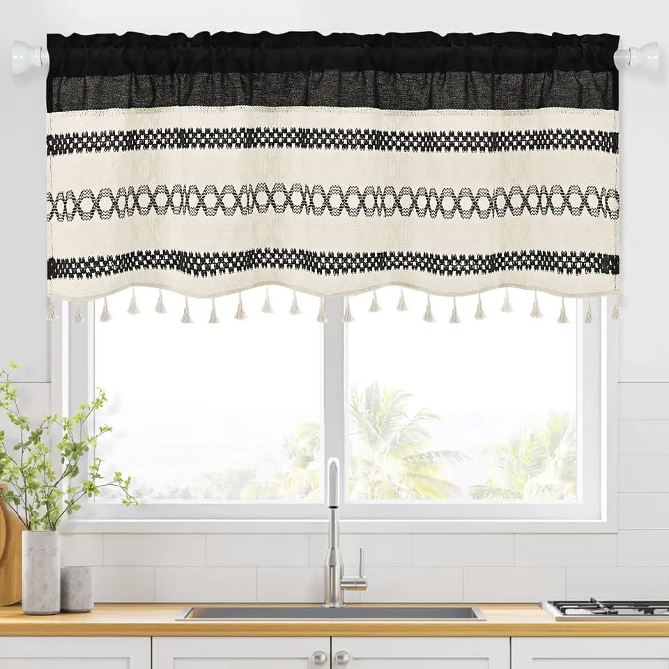 FRAMICS Farmhouse Linen Valance for Windows Boho Crochet Short Curtain with Tassel Country Black Valance for Kitchen Light Filtering Rod Pocket Window Treatment for Bathroom, 1 Panel, 52" W x 18" L
