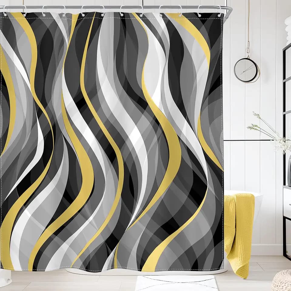 Black White Gray Yellow Shower Curtain Set Abstract Striped Bathroom Decor