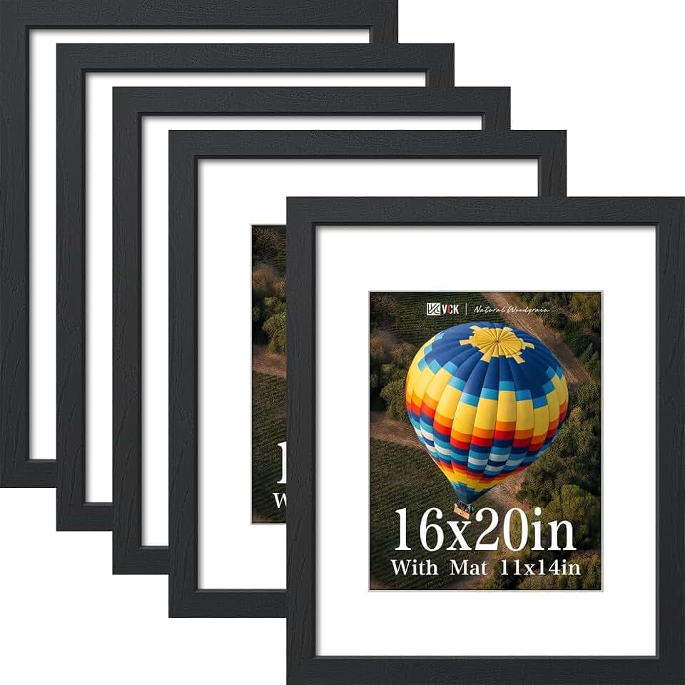 VCK 16x20 Picture Frame 5 Pack, Black Exclusive Wood, Real Glass, for Photo