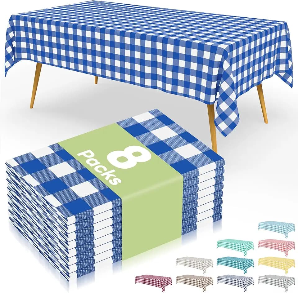 Smiry 8 Packs Gingham Disposable Table Cloth, 54 x 108 Inch Waterproof Plastic Tablecloth, Rectangle Blue and White Checkered Table Covers for Picnic, Birthday, Party