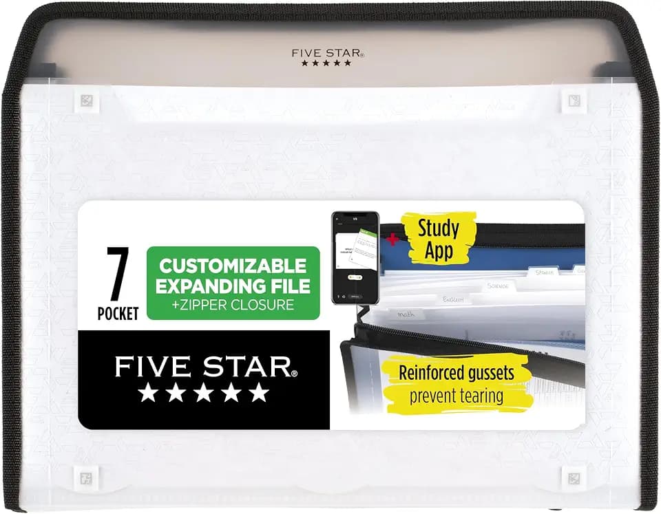 Five Star Expanding File Organizer + Study App, 7-Pocket Accordian File Organizer, Zipper Closure, Holds 8-1/2" x 11" Paper, White (350099E-ECM)