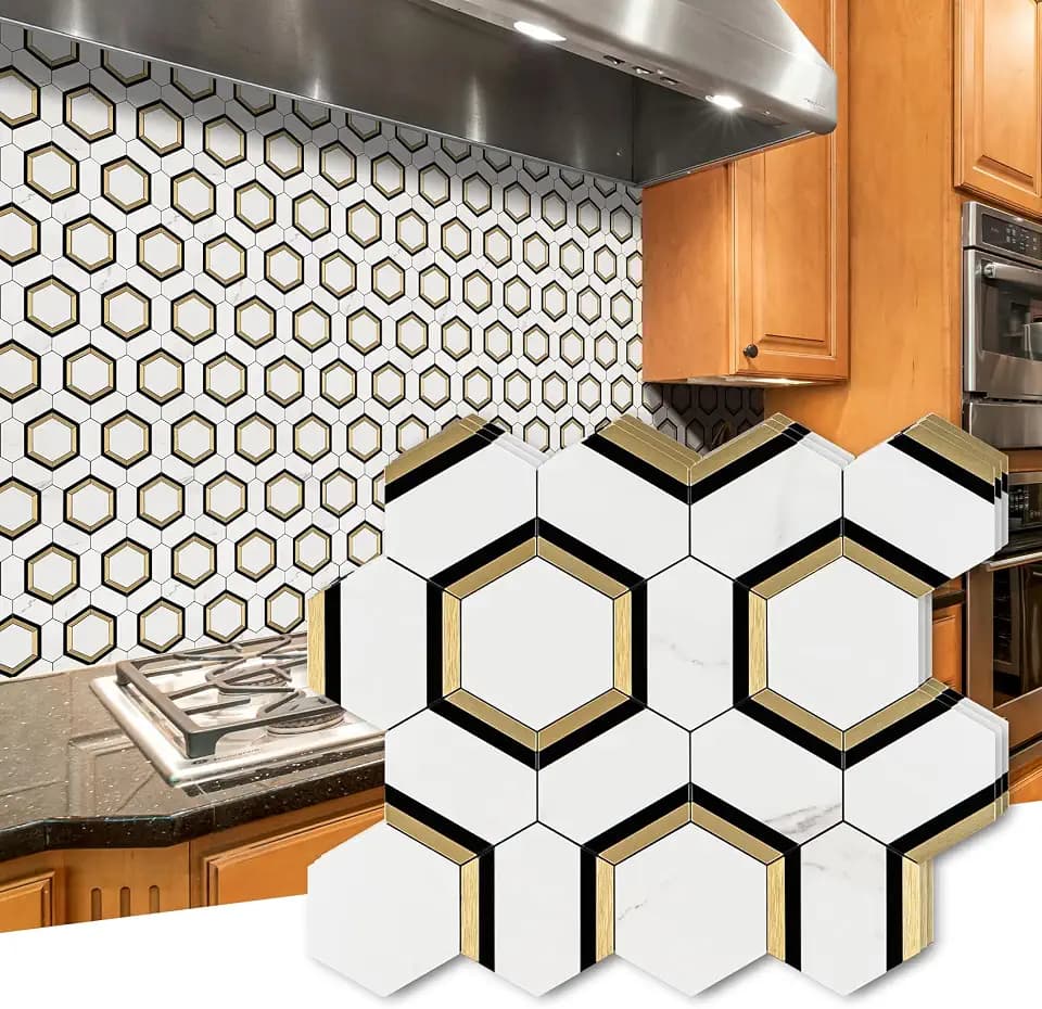 STICKGOO Mixed Metal Gold Peel and Stick Backsplash Tiles, White Marble
