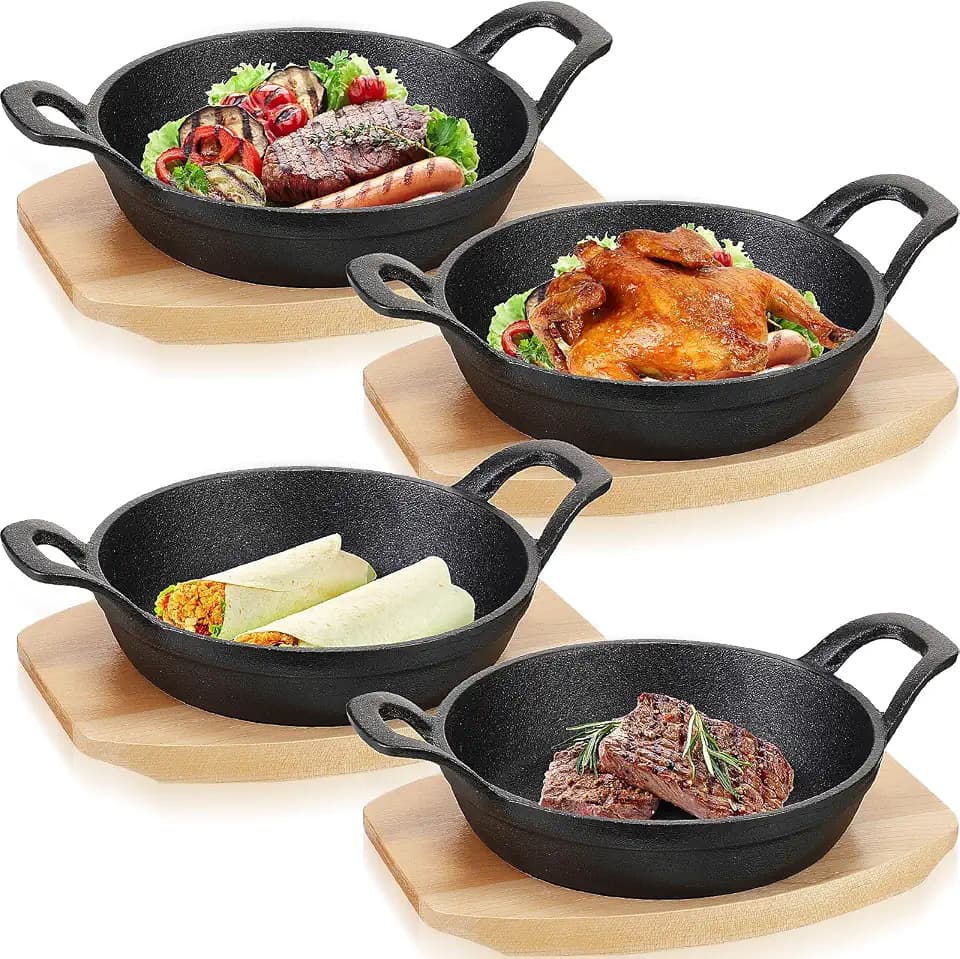 Sliner 4 Sets Mini Cast Iron Skillet with Wood Base Round, 5.5 Inch