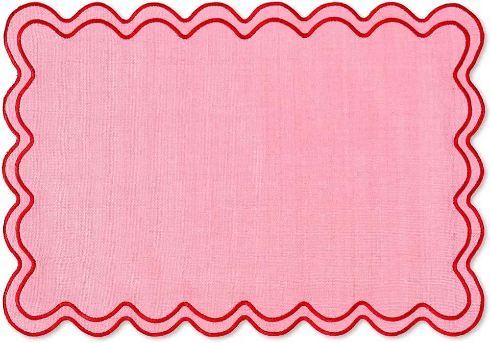 Whaline Pink Red Placemats Embroidered Scalloped Kitchen Place Mats for Wedding Baby Shower Party Home Dining Table Decor, Set of 6, 13 x 19 in