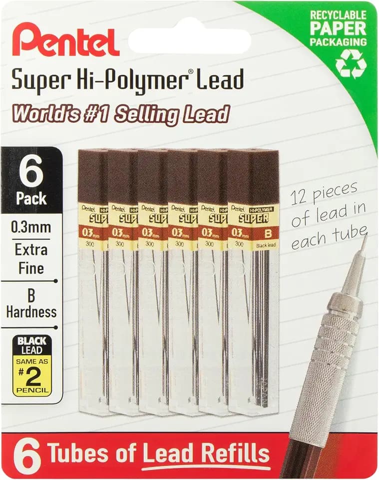 Pentel Super Hi-Polymer Lead Refills, 0.3 mm, B, 72 Pieces (12 pcs per tube, 6 tubes)