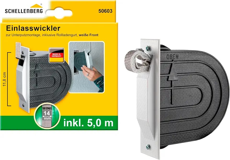 Schellenberg 50603 Rolladen Gurtwickler Unterputz Set, System Mini, Lochabstand 11,8 cm, inkl. Mauerkasten, Abdeckplatte und Rolladengurt, weiß