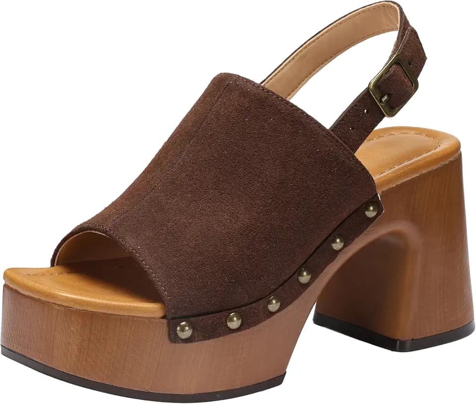 Womens Platform Chunky Sandals, Studded Faux Suede Heels with Chunky Block Heel, Comfortable Cushioned Platform Shoes, Open Toe Heeled Slip On Summer Sandals for Women