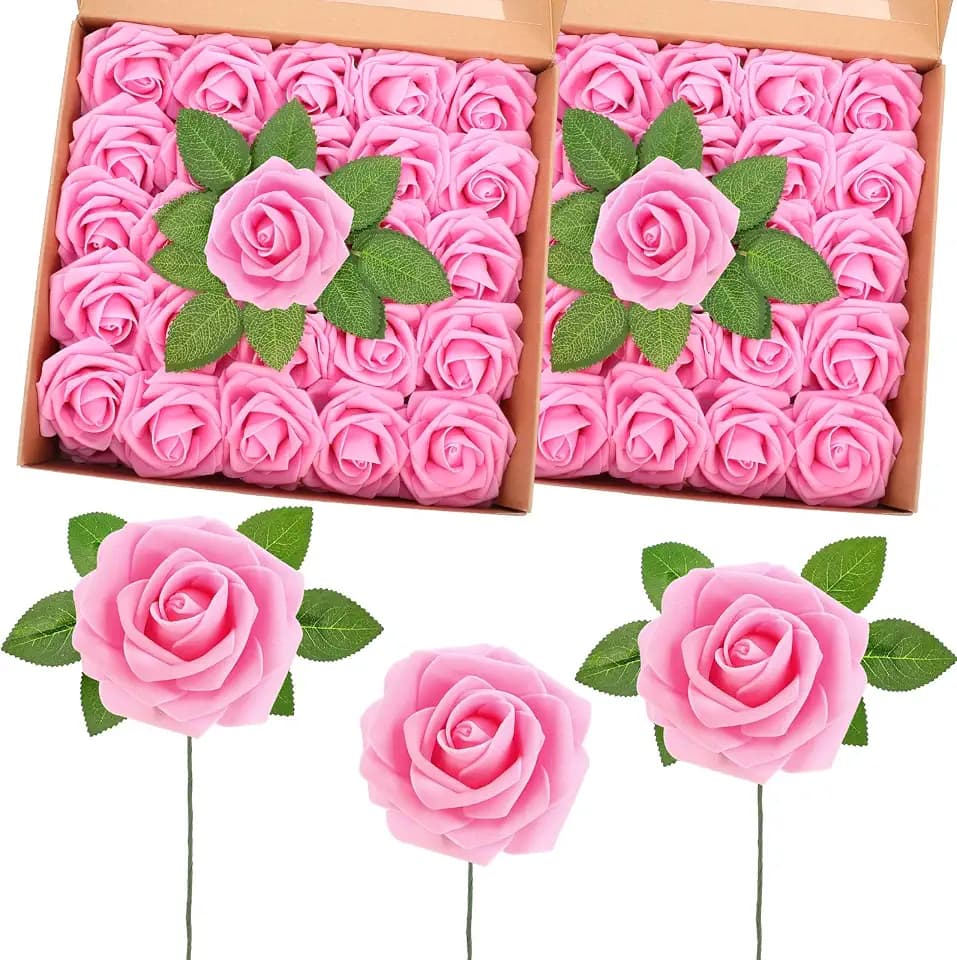 100 Pcs Artificial Rose Flowers, Bright Pink