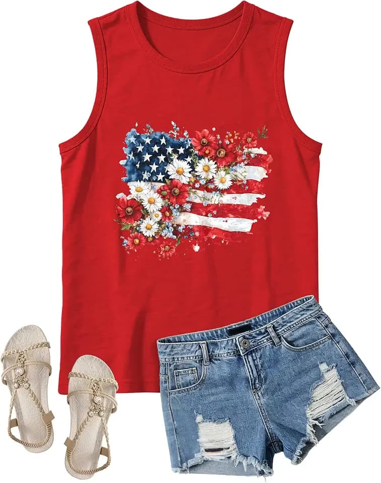 4th of July Floral American Flag Tank Top for Women Patriotic Sleeveless Apparel