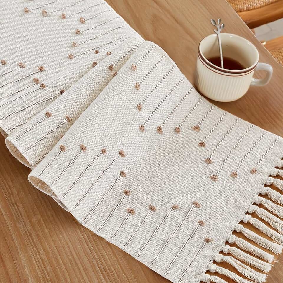 Wracra Boho Table Runner, Taupe Woven Table Runners 90 Inches Long