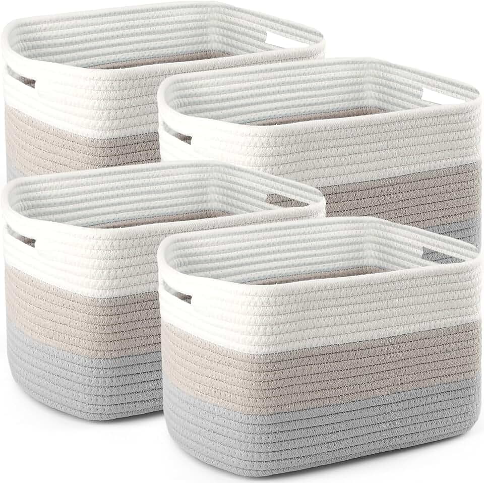 4 Pack Storage Baskets for Organizing, 13''Lx11''Wx8''H Woven Baskets for Storage Toys, Towels, Books, and Clothes, Cotton Rope Basket for Shelves with Handle