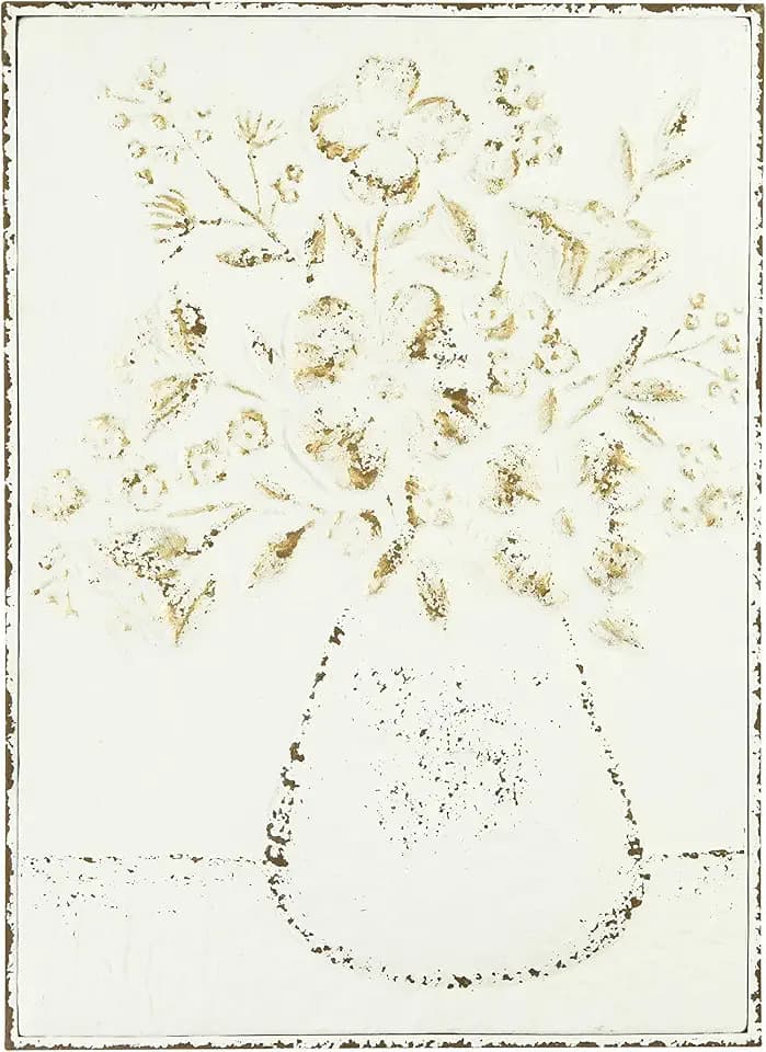 Creative Co-Op Embossed Metal Wall Art with Flowers in Vase, Distressed White and Gold