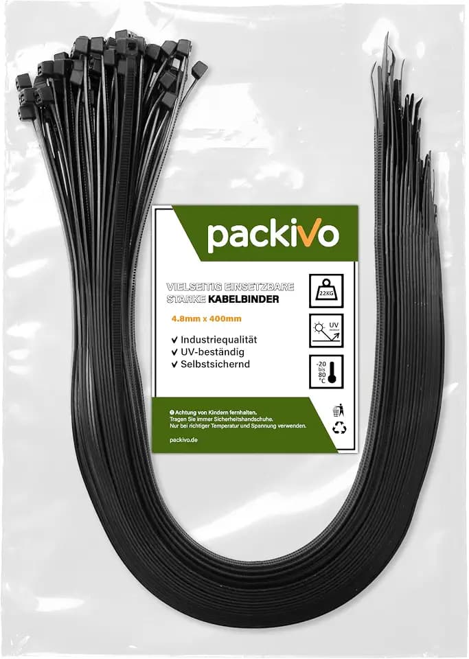 Kabelbinder 4,8x400mm schwarz extra starke & reißfeste 22kg Zugkraft UV-beständig Bruchsicheres Nylon für Industrie, Garten & Haushalt - 100 Stück