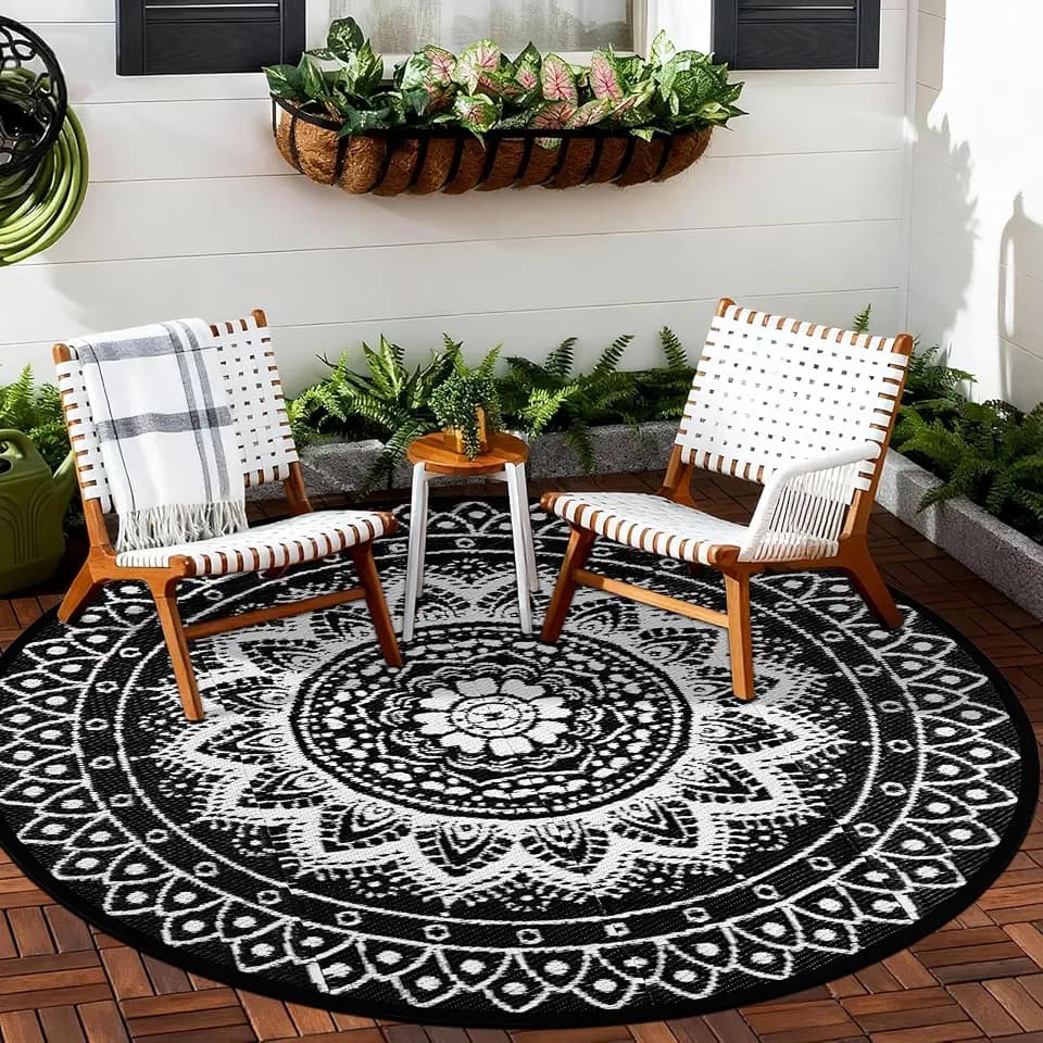 Round Outdoor Rugs for Patios, 6Ft Waterproof Reversible Plastic Straw Mat with Carry Bags, Boho Lightweight Outdoor Carpet Portable Round Floor Mat for Patio Camping Picnic Backyard RV,Black & White