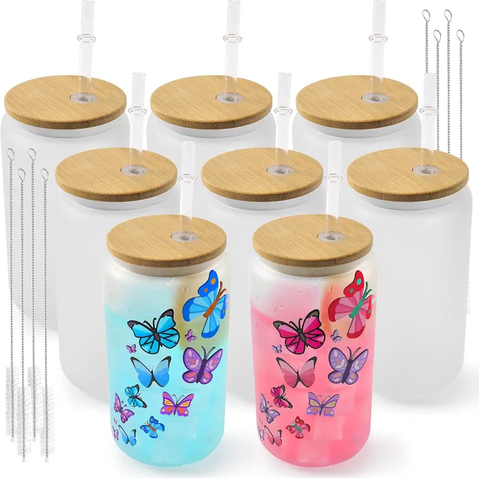 Joyclub Sublimation Glass Cups 8 Pack 16 oz Frosted with Lids and Straws