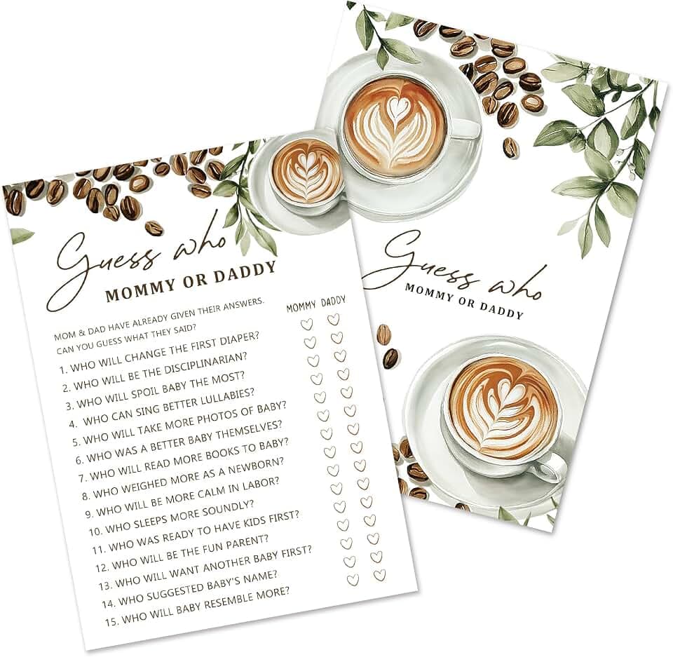 A Baby is Brewing Baby Shower Games for Girl Boy, 25 Double-Side Guess Who Mommy or Daddy Game, Coffee Theme Decorations Favor for Gender Neutral Party Games-E01