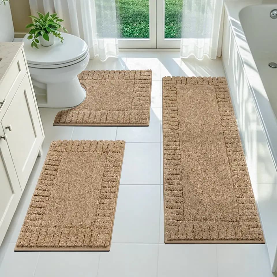 Pauwer Bathroom Rugs Sets 3 Piece, Microfiber Bath Mat Set, Khaki