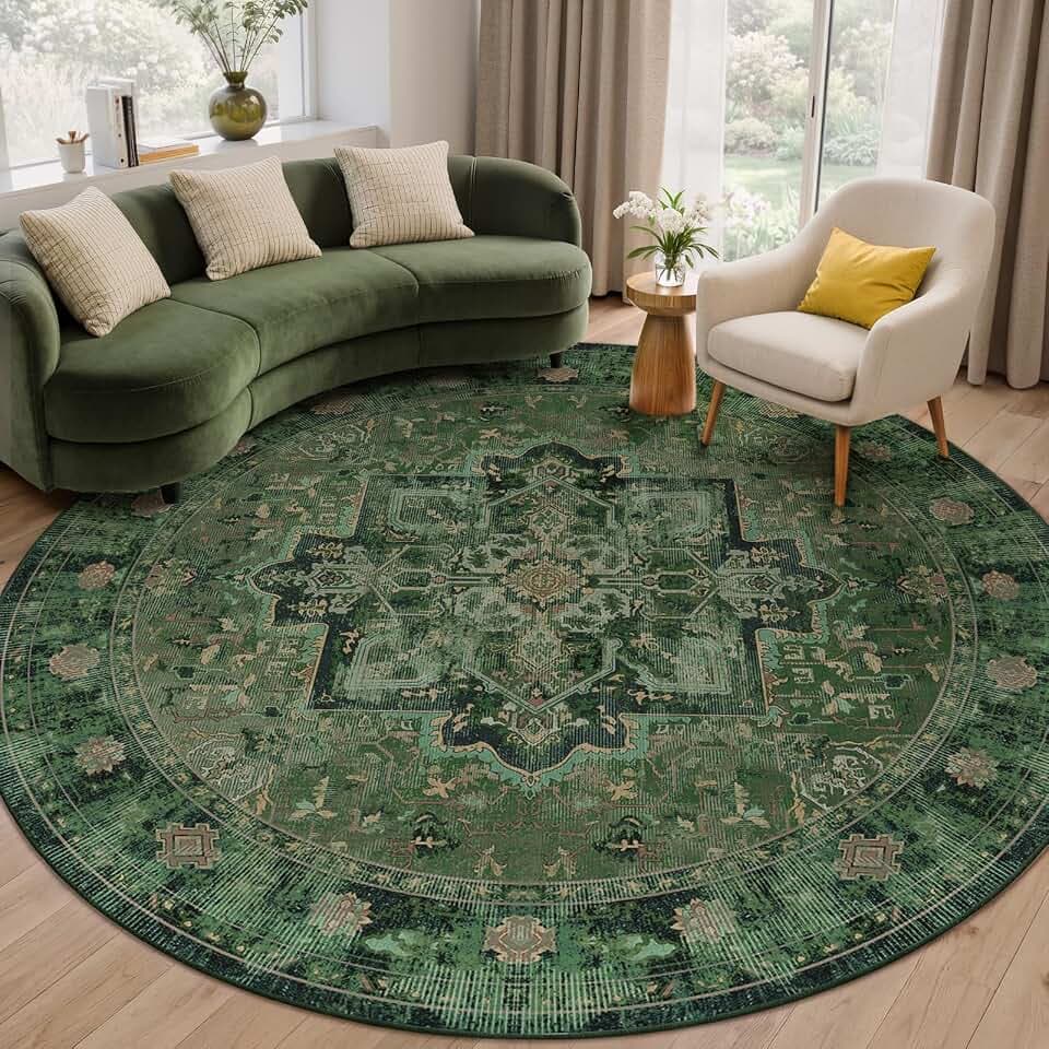 Green Large Round Area Rugs for Living Room 8ft, Vintage Medallion Big Round Carpet 8 Feet Family Room, Washable Non Slip Thin 8' Circle Rugs for Dining Room Table, 8x8 Round Floor Carpet Décor