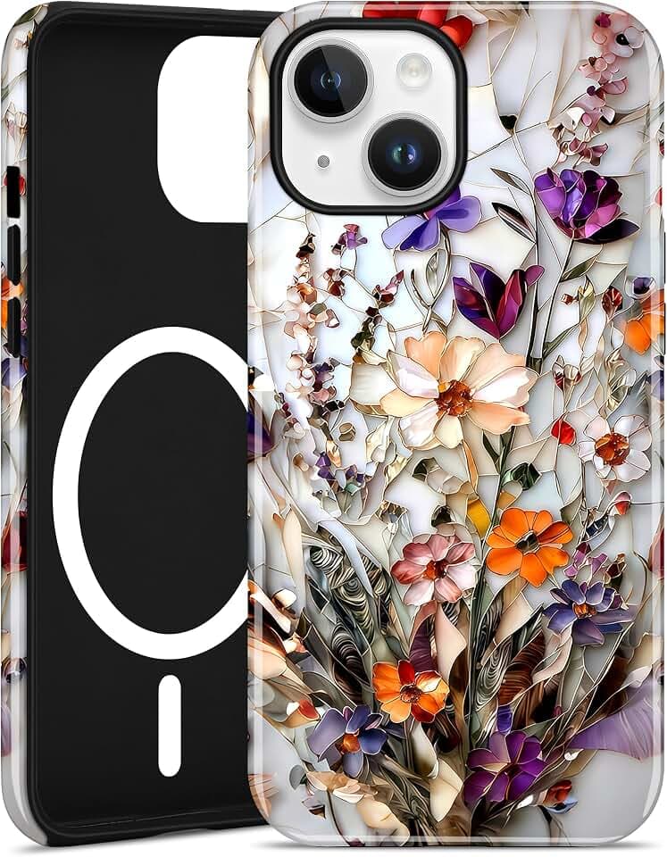 Buntglas-Blumen Magnetische Hülle für iPhone 15 Pro Max, Gelbes