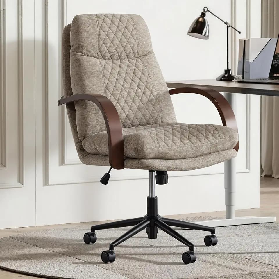 KISLOT Home Office Desk Chair, Ergonomic Office Chair with Lumbar Support, Adjustable Swivel Computer Chair with Wheels, Fabric Executive Task Chair with Wood Arms, Khaki