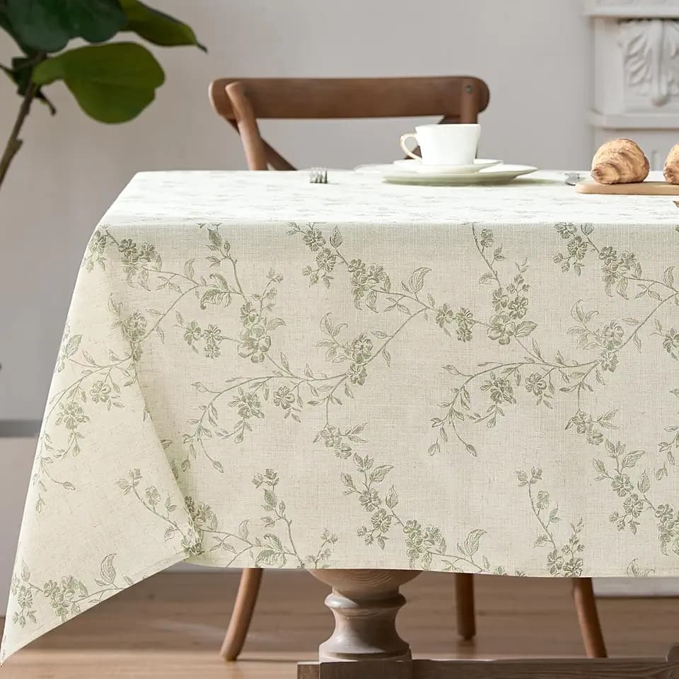 jinchan Green Farmhouse Floral Linen Rectangle Table Cloth 52 x 70 Inch