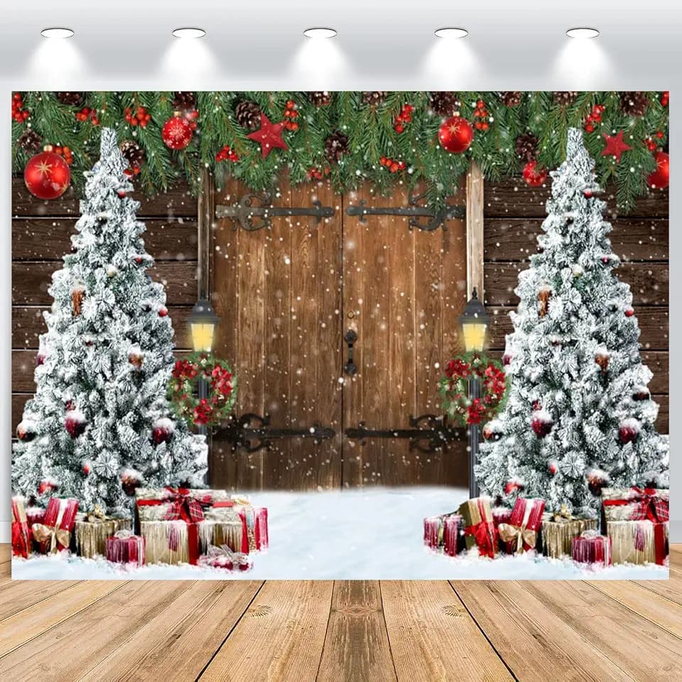 Weihnachten Foto Hintergrund 2.2x1.5m, Schneeszene im Freien Schneemann Geschenk Holzwand Fotowand Hintergrund, Vinyl Familienfeier Party Ornamente Fotografie Hintergrund Banner Dekorieren