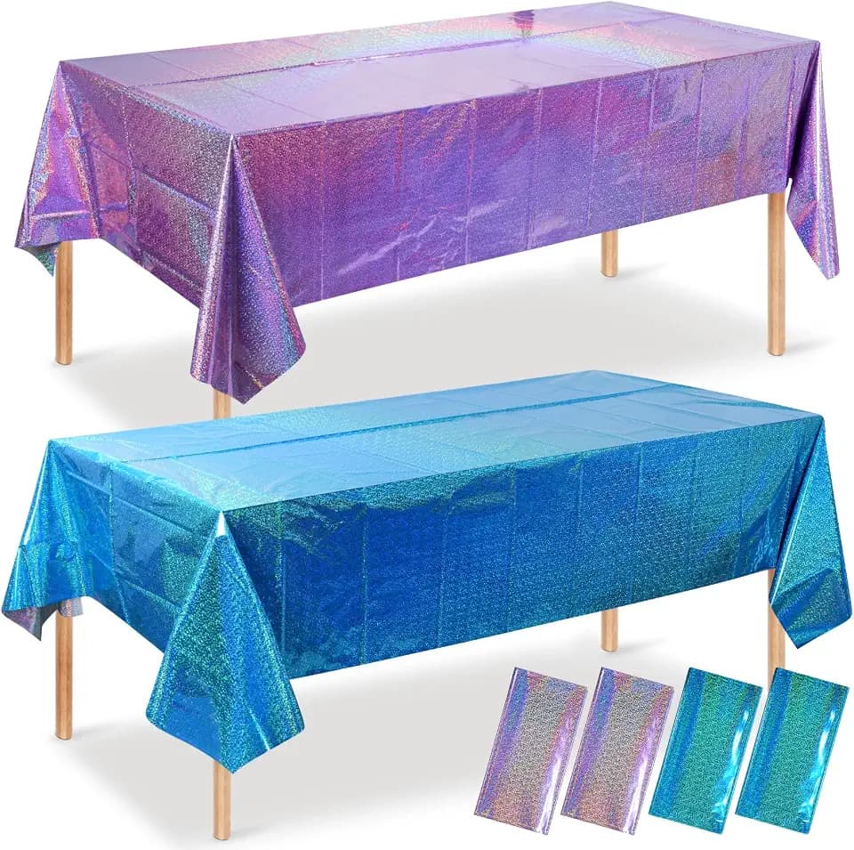 4 Pack Iridescent Blue and Purple Plastic Tablecloth 54x108 Inch, Holographic Laser Disposable Table Cover, Rectangle Blue and Purple Table Cloth for Mermaid Under the Sea Birthday Party Decorations